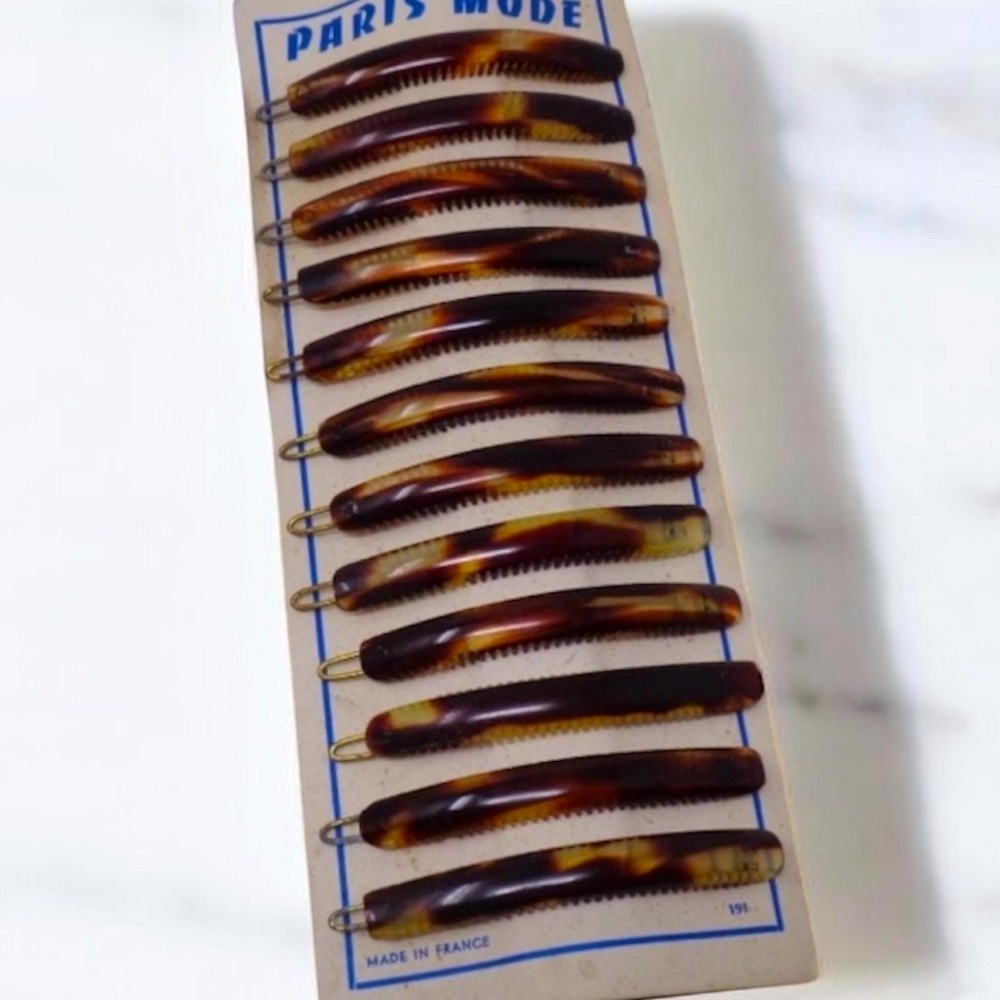 New 1960’s Tortoiseshell French Hair Clips with a Curved Design, One Pair,  3”‎